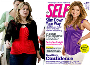 Kelly Clarkson in 2009, before and after Photoshop. Click on the image to read the article at www.beautyredefined.net.