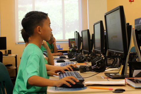 Fourth-grader Kainoa Carpenter uses the computer during class to research native Hawaiian plants. By Maile Sur.